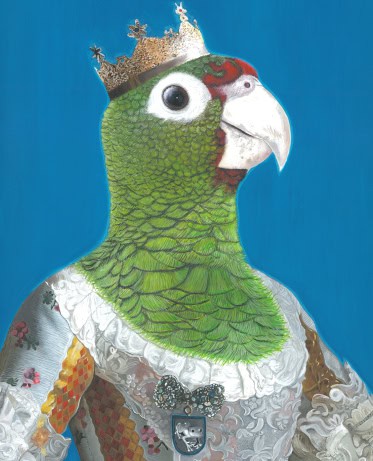 A regal parrot wearing a crown, depicted in a lively painting with bright colors and intricate details.