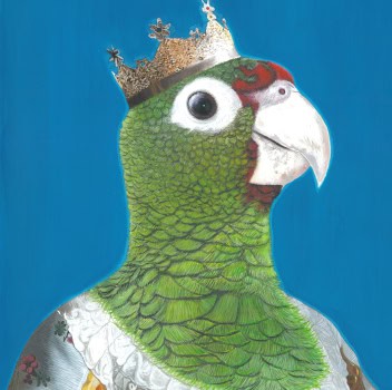 A regal parrot wearing a crown, depicted in a lively painting with bright colors and intricate details.