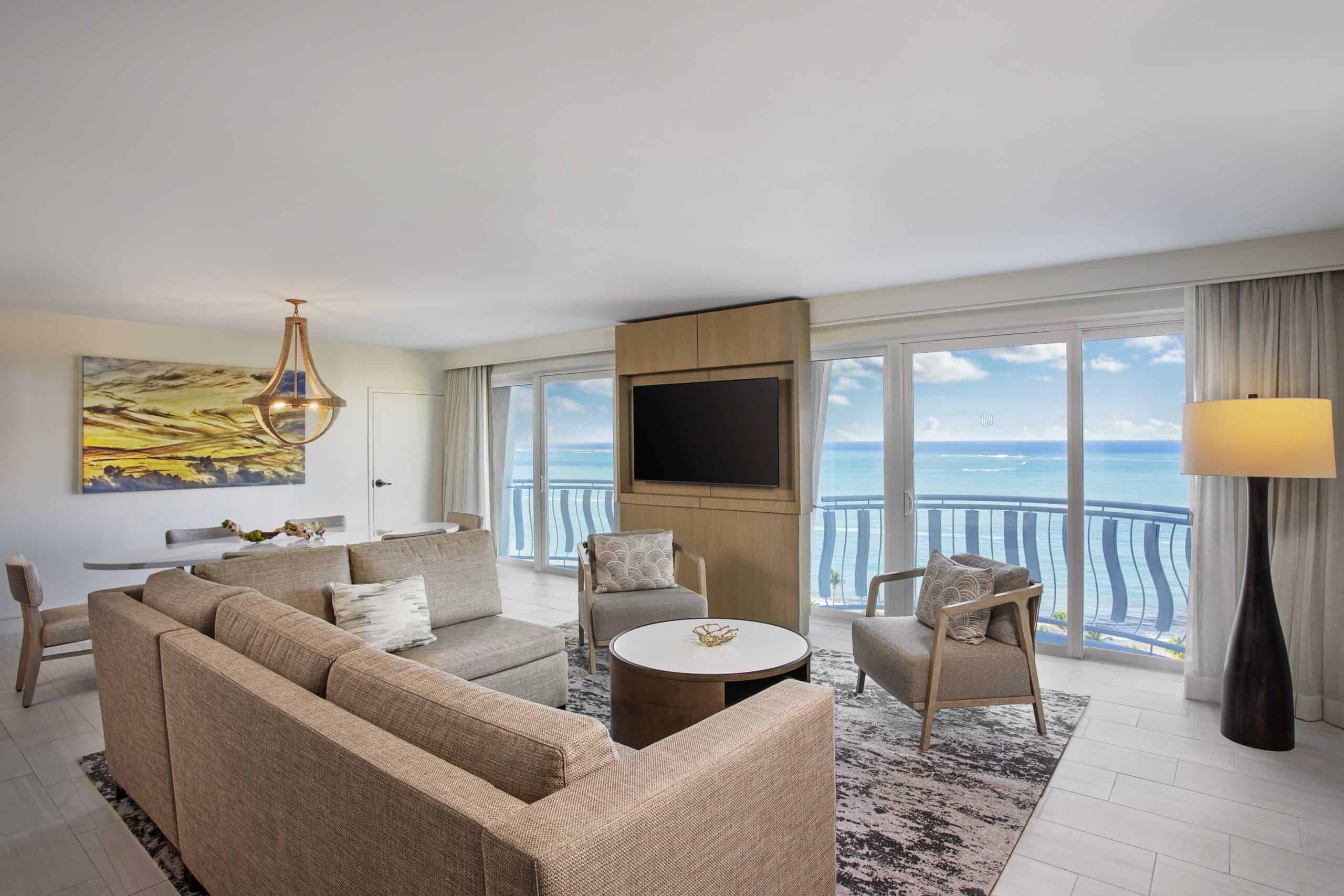 Ocean view suite at the Westin Boca Raton Beach, featuring large windows with a stunning view of the ocean and beach.