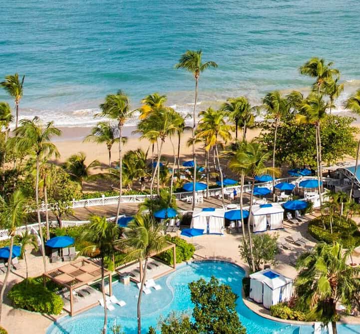 A sunny beach scene featuring blue umbrellas and swaying palm trees against a clear sky.